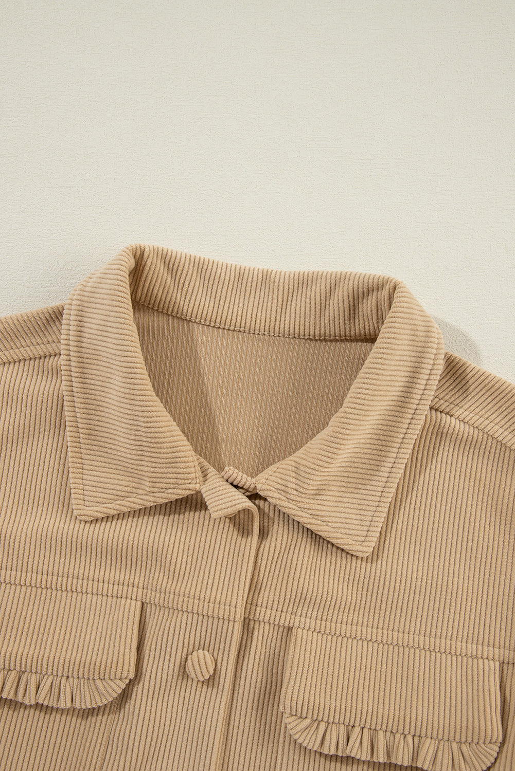 Light French Beige Solid Frilled Flap Pocket Button Up Corduroy Shacket - Glimmer Road