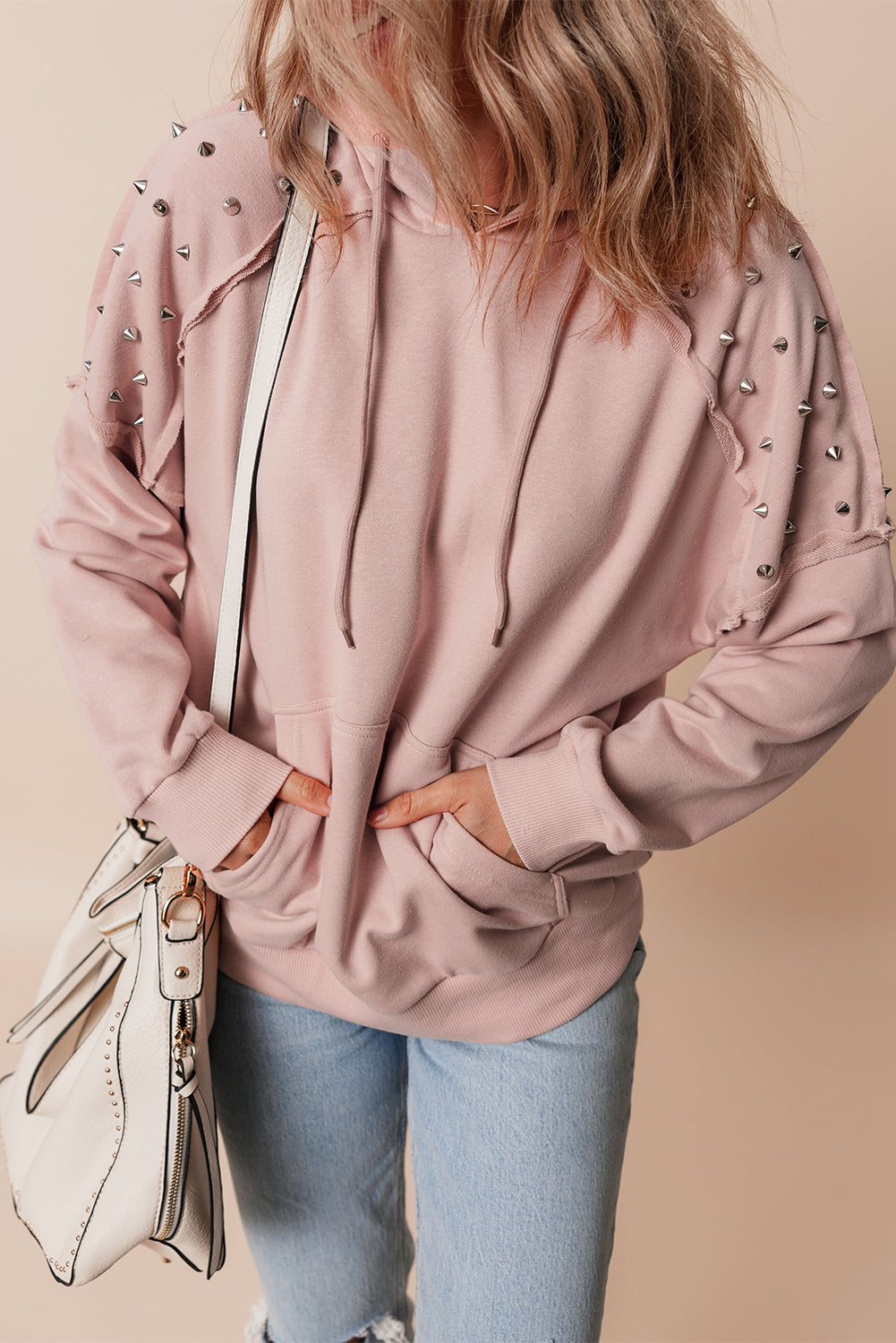 Fushia Solid Color Rivet Stud Raglan Sleeve Hoodie with Pocket - Glimmer Road