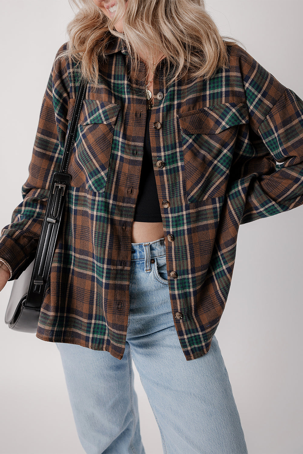 Brown Plaid Print Chest Pockets Buttoned Shirt Jacket - Glimmer Road