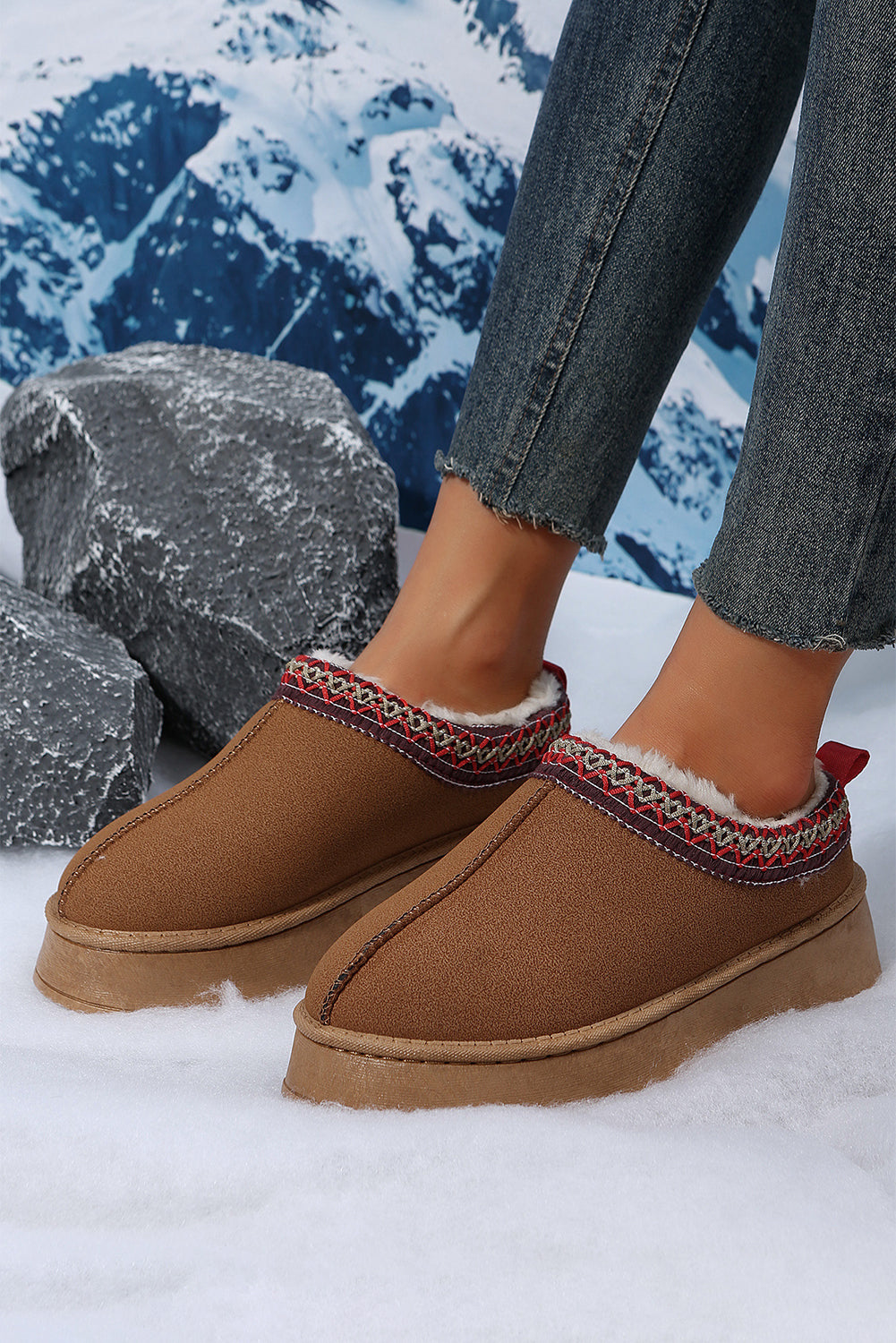 Chestnut Contrast Print Suede Plush Lined Snow Boots - Glimmer Road