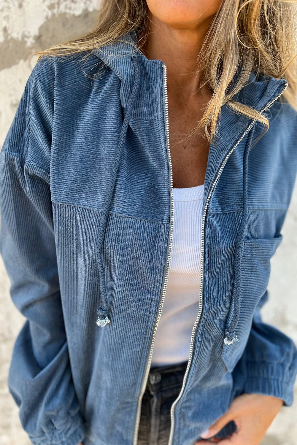 Real Teal Corduroy Drawstring Hooded Pocket Zip Up Jacket - Glimmer Road