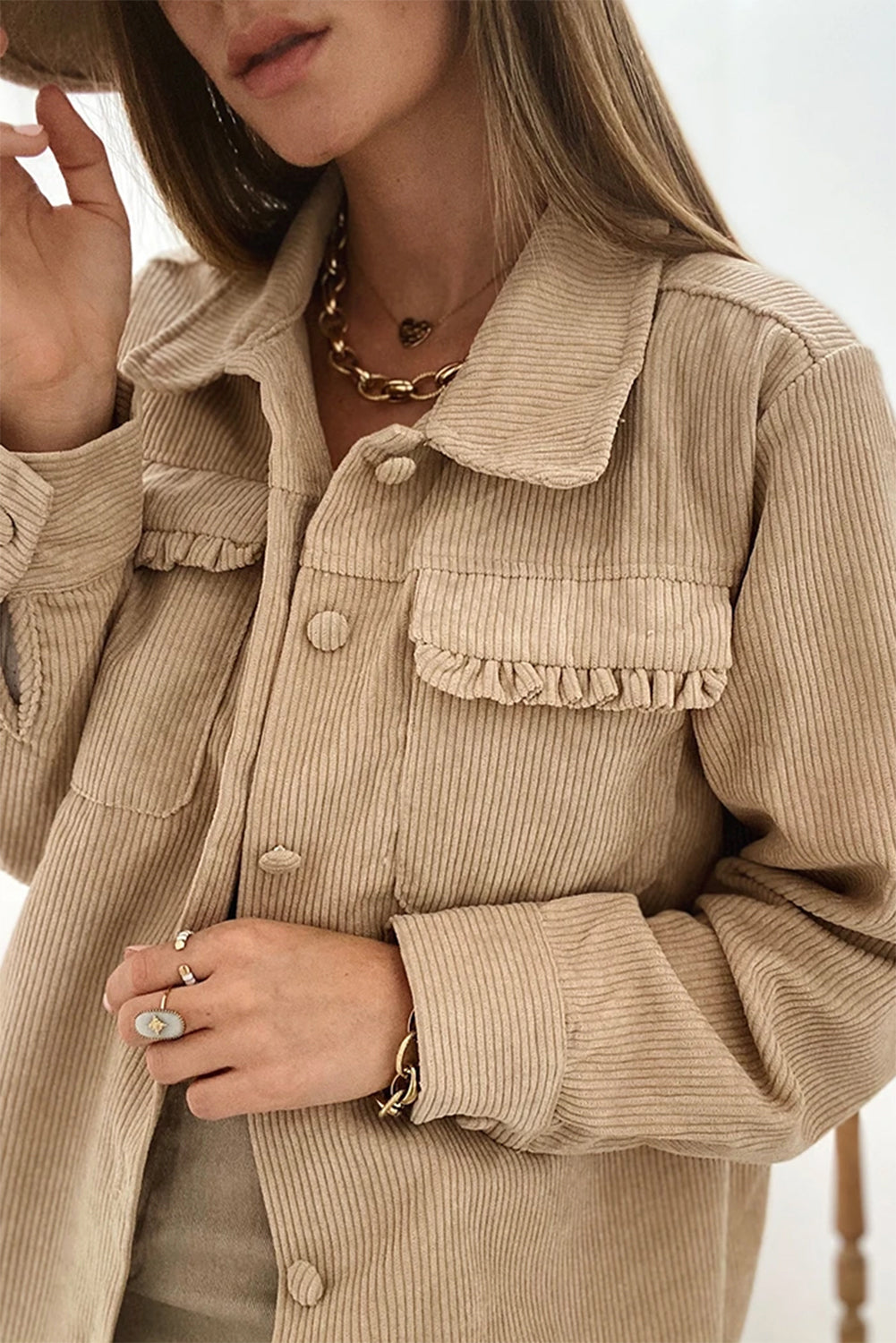 Light French Beige Solid Frilled Flap Pocket Button Up Corduroy Shacket - Glimmer Road