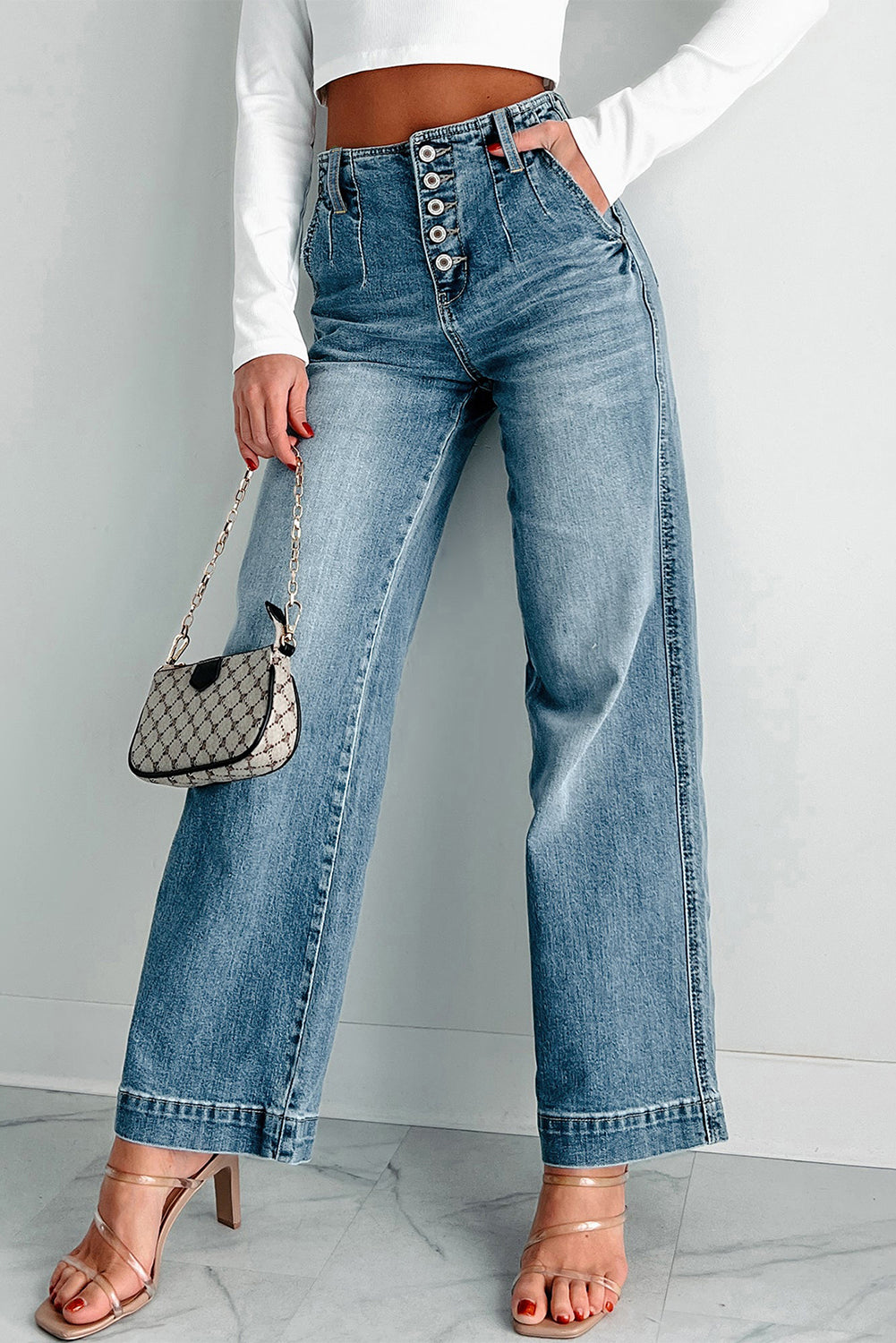 Dusk Blue Multi Buttons Medium Wash Straight Loose Leg Jeans - Glimmer Road