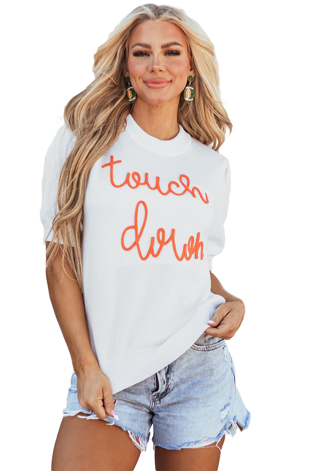 White Touchdown Tinsel Puff Short Sleeve Crew Neck Sweater - Glimmer Road