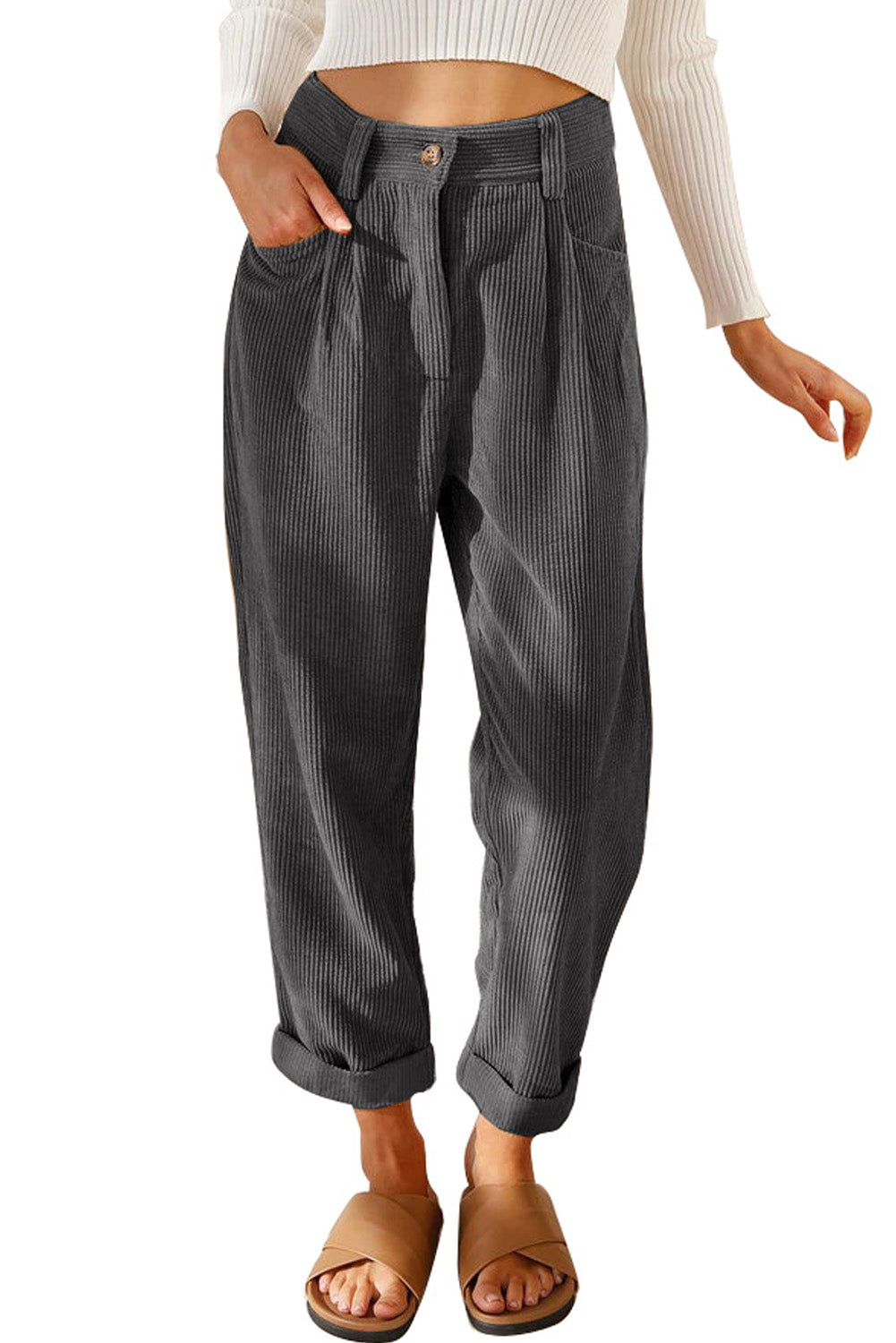 Gray Corduroy High Waist Straight Leg Pants - Glimmer Road