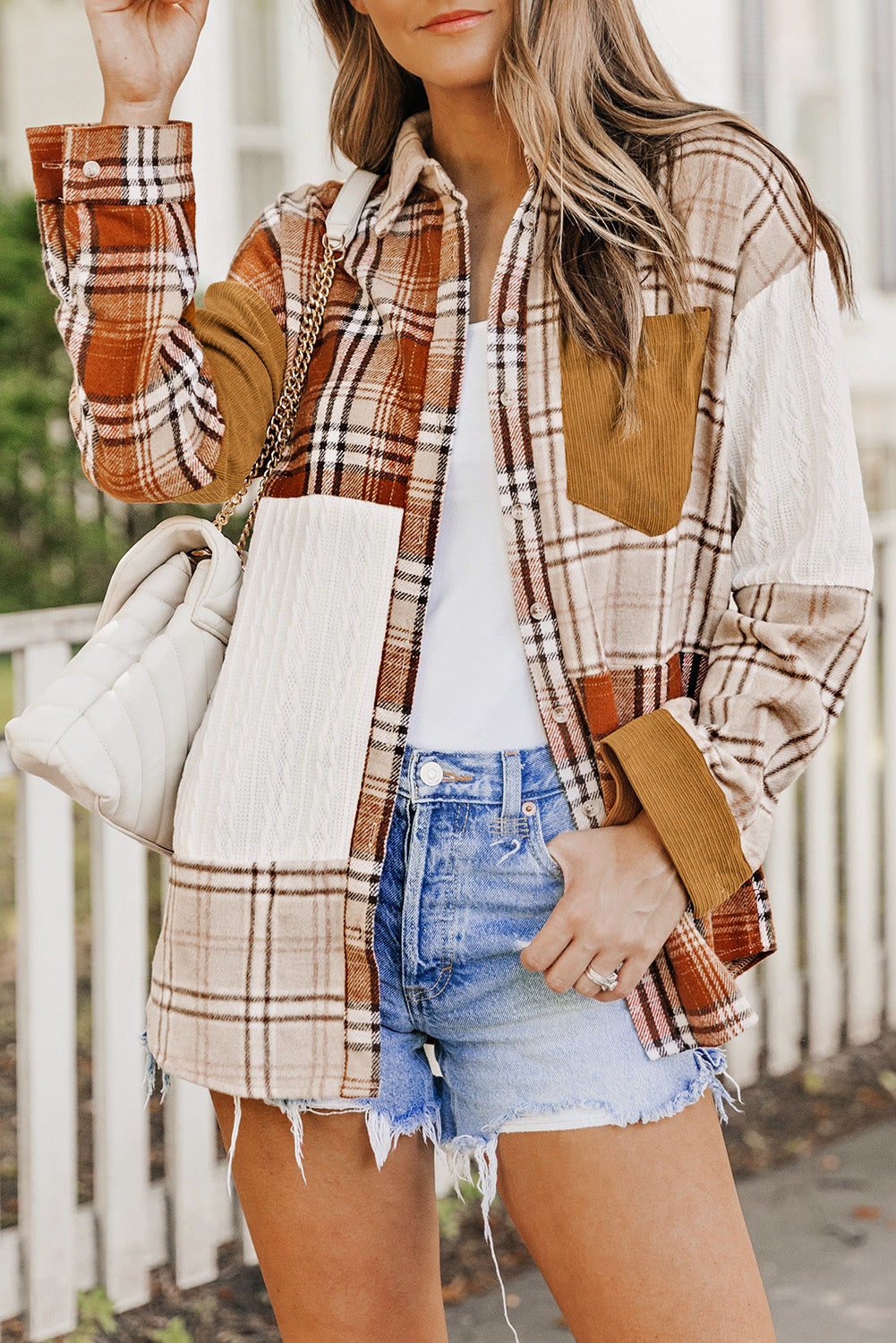Orange Plaid Color Block Patchwork Shirt Jacket with Pocket - Glimmer Road