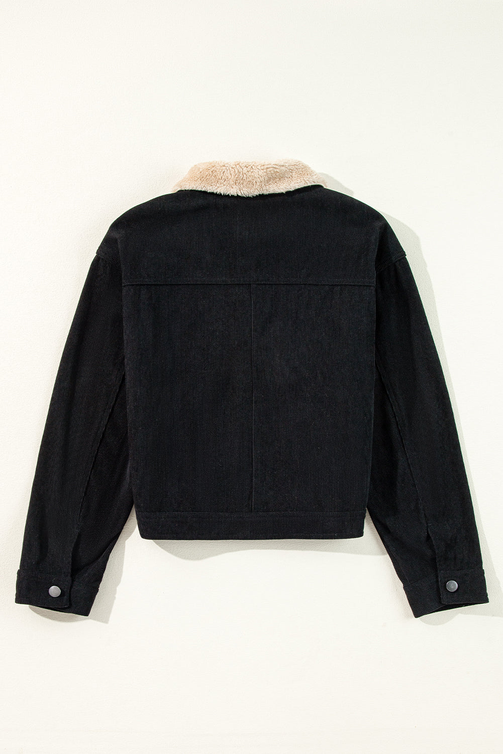 Black Fleece Lined Button-up Collared Corduroy Crop Jacket - Glimmer Road