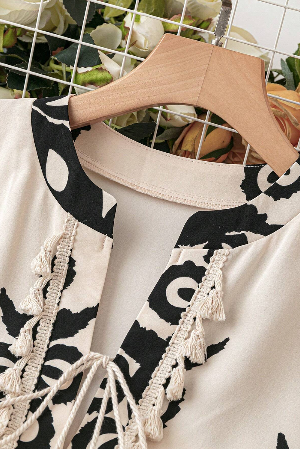 Beige Western Pattern Print Tasseled Notch V Neck Mini Dress - Glimmer Road
