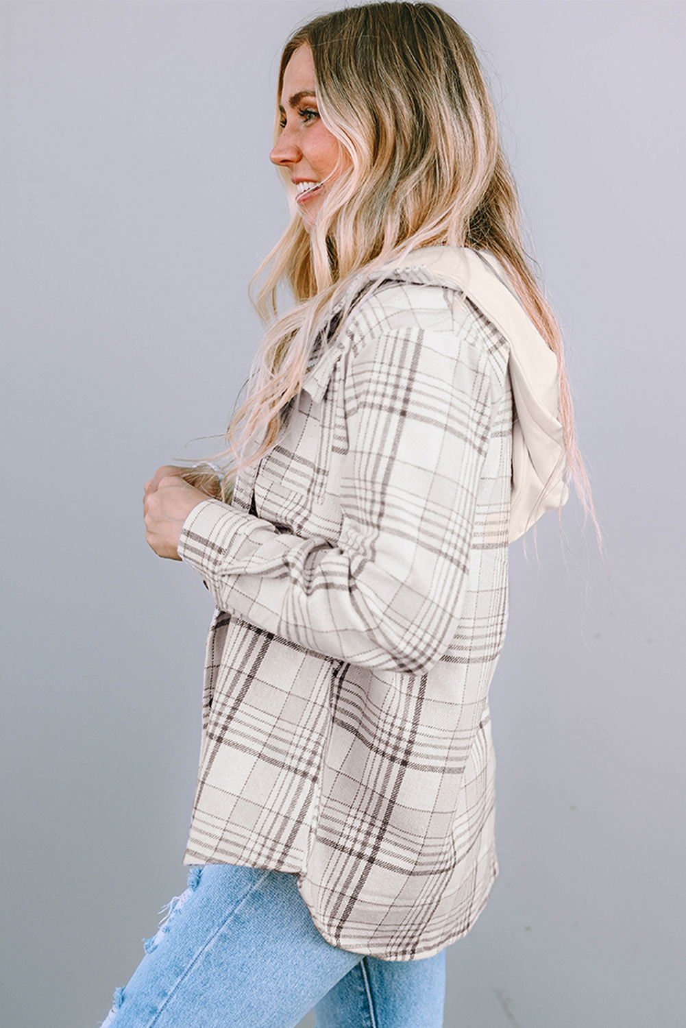 Khaki Plaid Removable Hood Buttoned Shacket - Glimmer Road