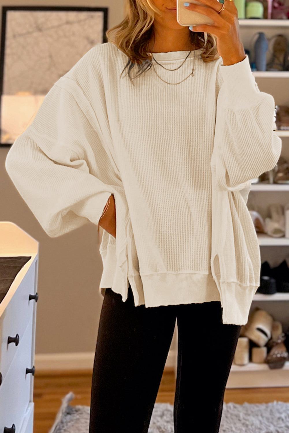 White Waffle Knit Bishop Sleeve Split Oversized Sweatshirt - Glimmer Road