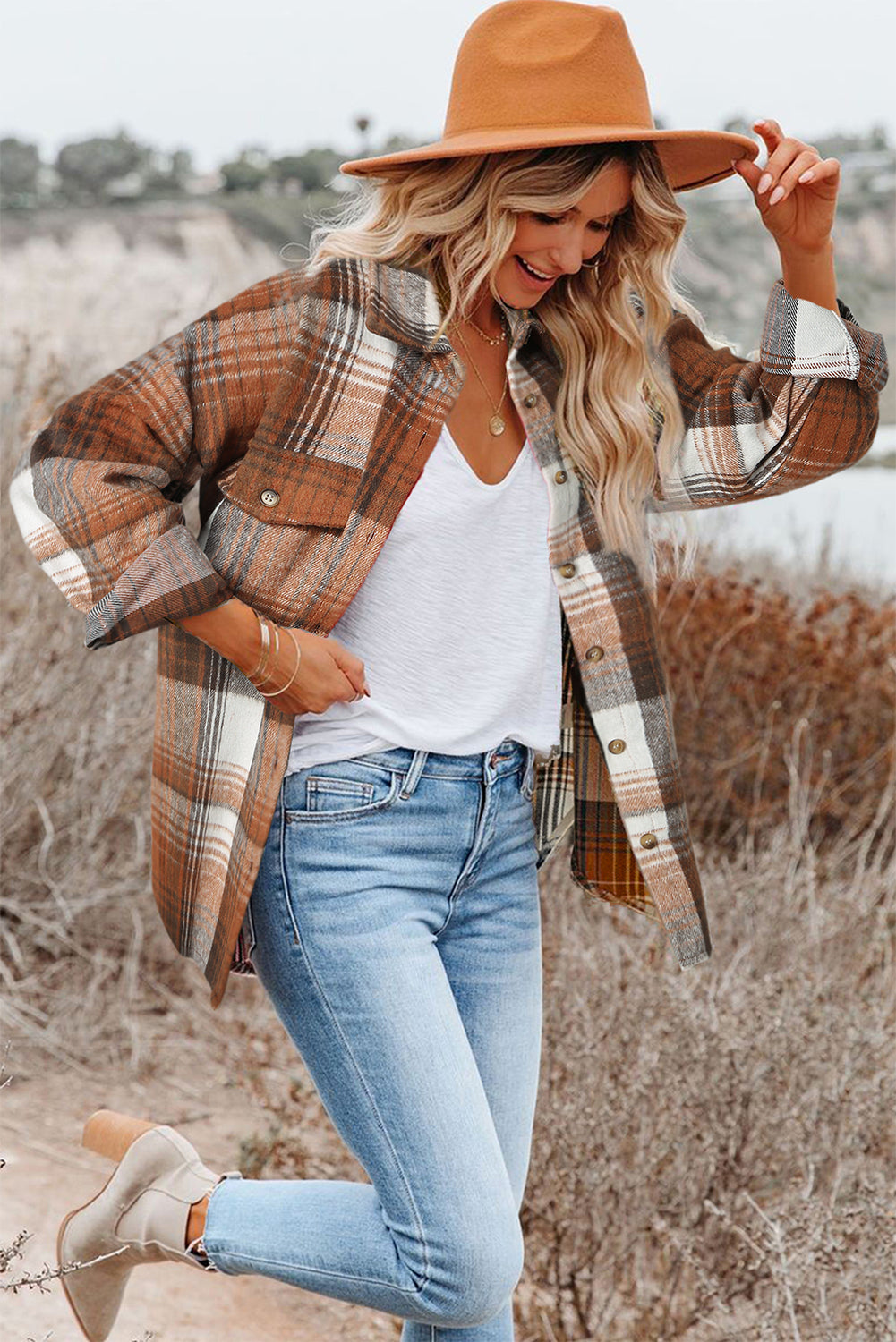 Brown Plaid Flap Pockets Shacket - Glimmer Road