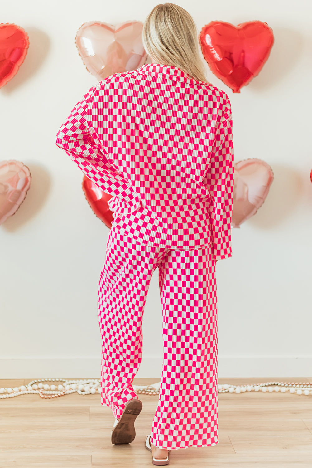 Pink Checkered Buttoned Shirt and High Waist Pants Pajama Set - Glimmer Road
