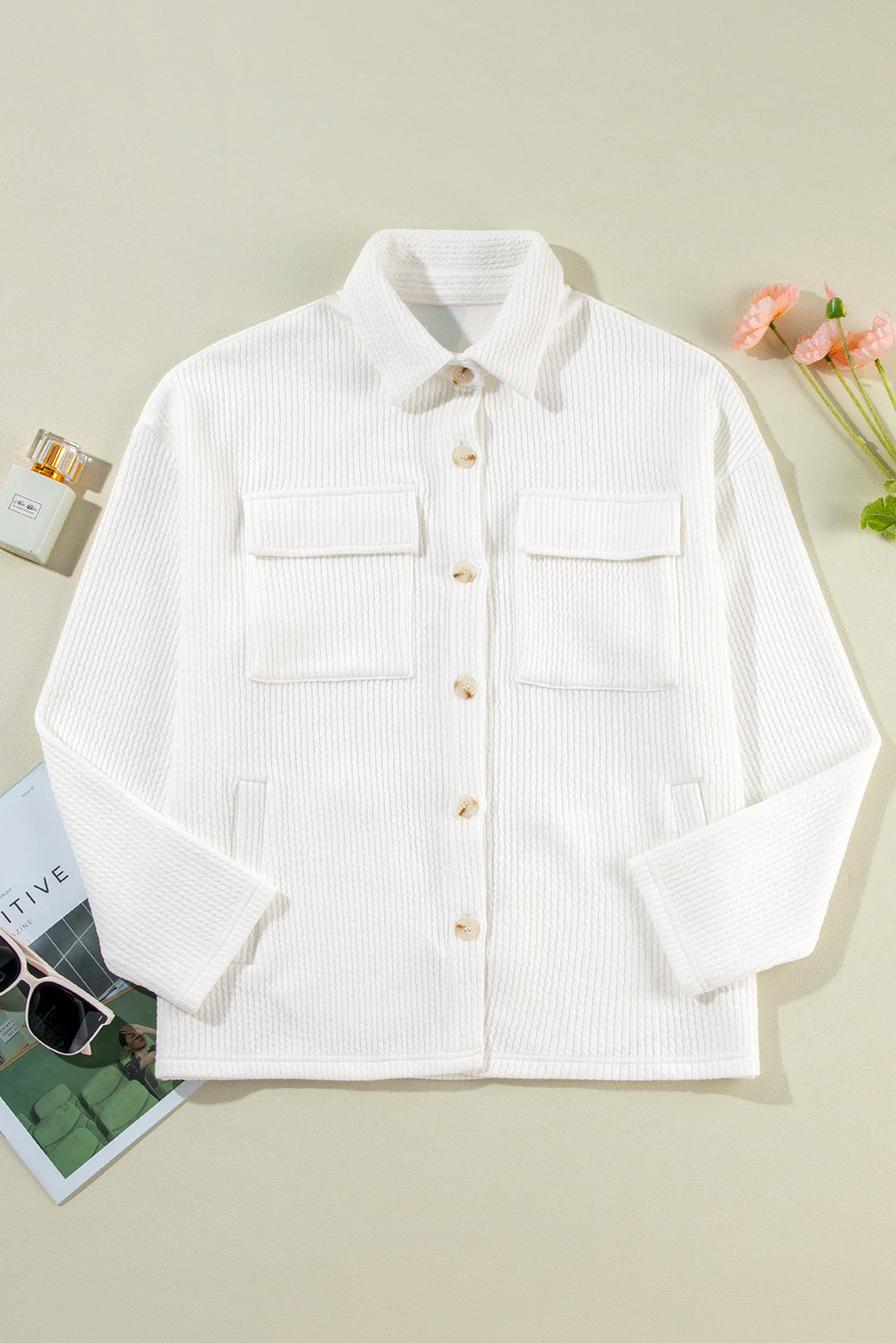 Dark Khaki Solid Color Corduroy Buttoned Long Sleeve Shacket - Glimmer Road