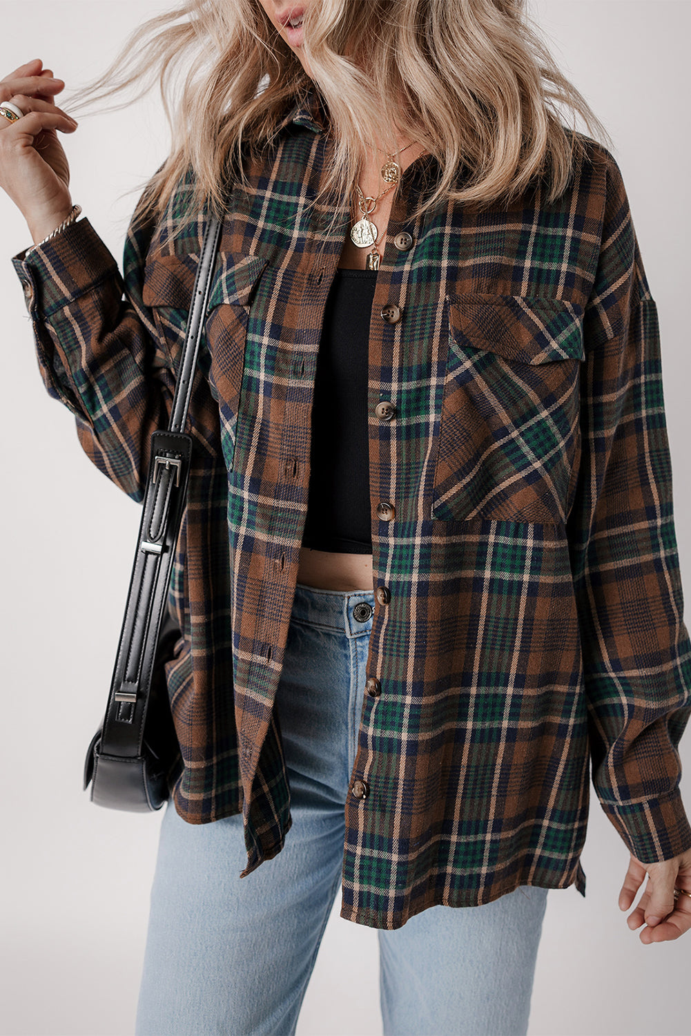 Brown Plaid Print Chest Pockets Buttoned Shirt Jacket - Glimmer Road