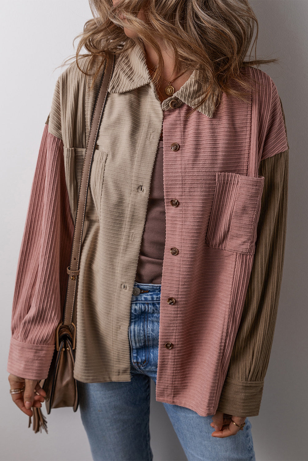 Mineral Red Color Block Chest Pockets Buttoned Corduroy Shacket - Glimmer Road