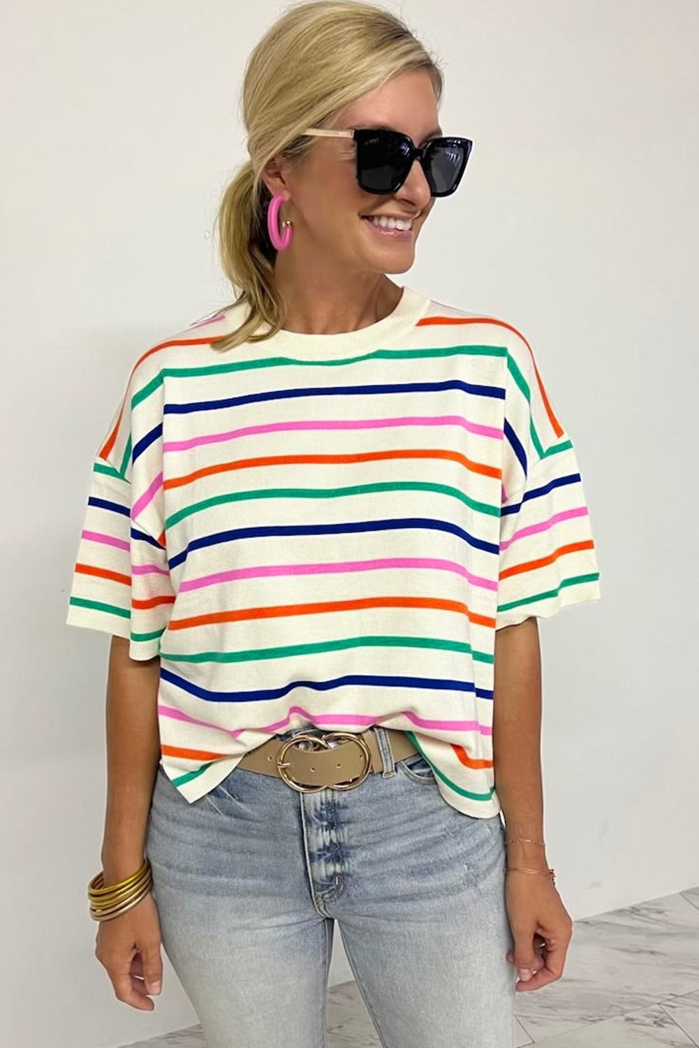 Beige Stripe Dropped Short Sleeve Boxy Fit Knitted Top - Glimmer Road