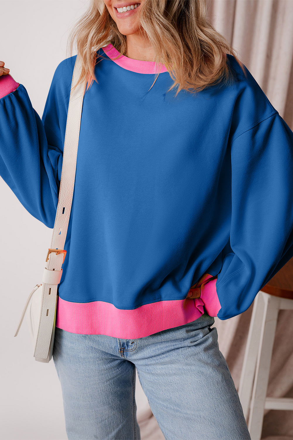 Blue Colorblock Bubble Sleeve Sweatshirt - Glimmer Road