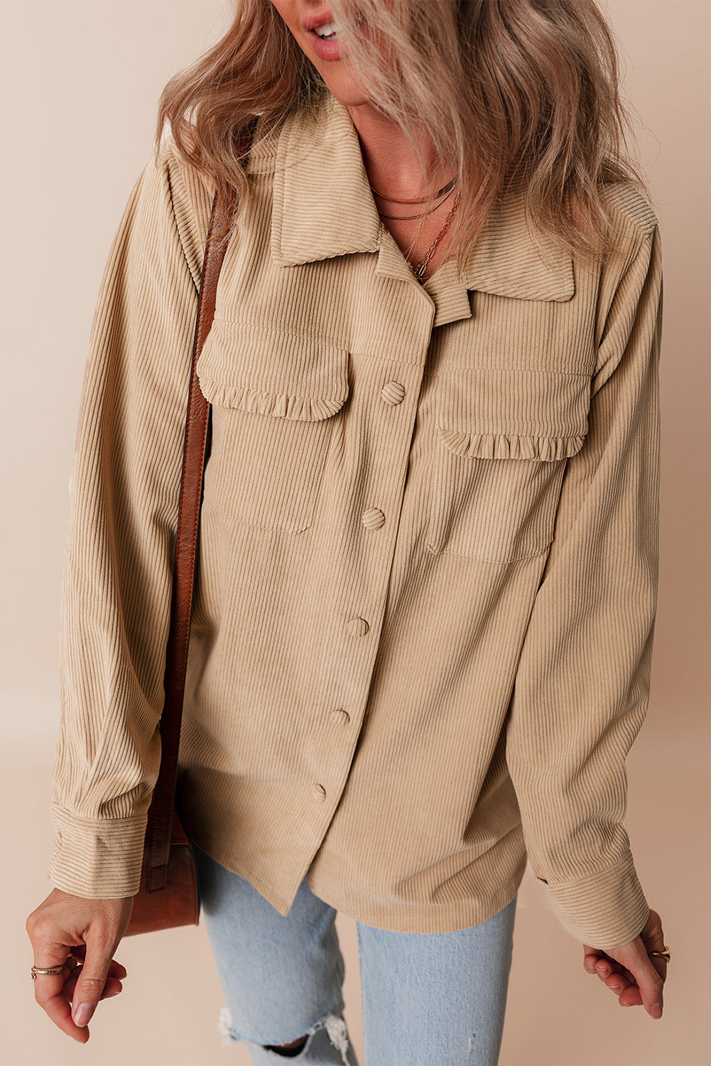 Light French Beige Solid Frilled Flap Pocket Button Up Corduroy Shacket - Glimmer Road