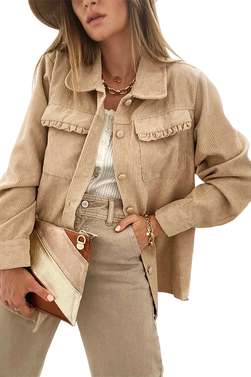 Light French Beige Solid Frilled Flap Pocket Button Up Corduroy Shacket - Glimmer Road