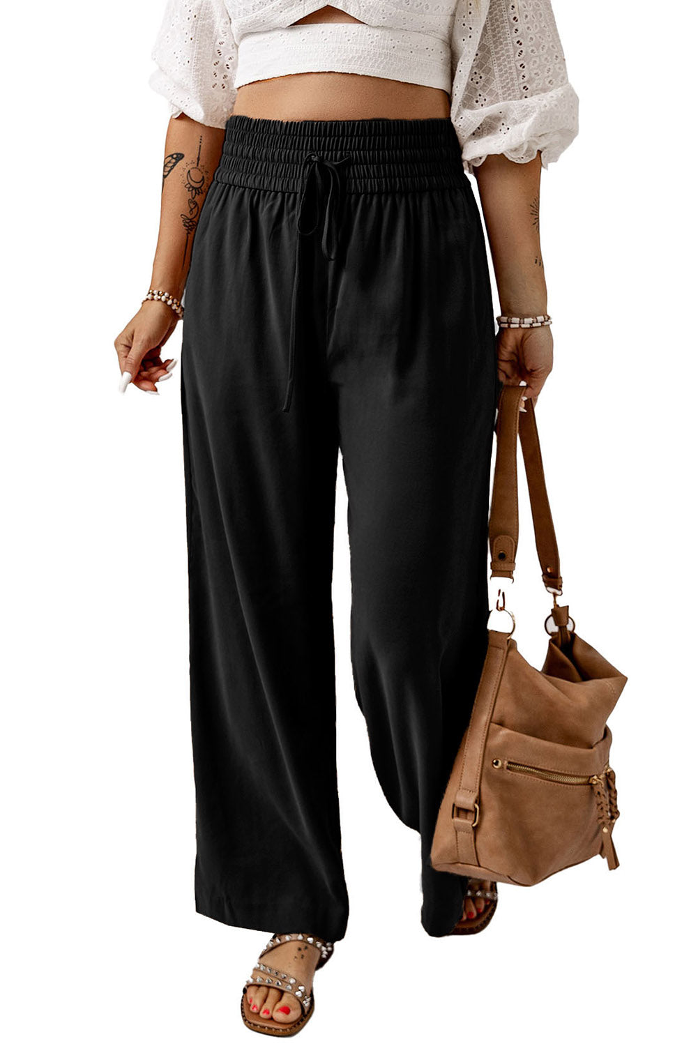 Black Drawstring Elastic Waist Casual Wide Leg Pants - Glimmer Road
