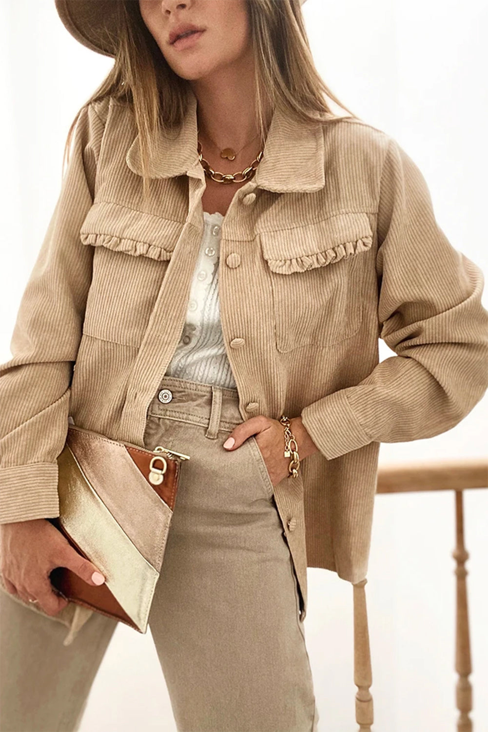 Light French Beige Solid Frilled Flap Pocket Button Up Corduroy Shacket - Glimmer Road