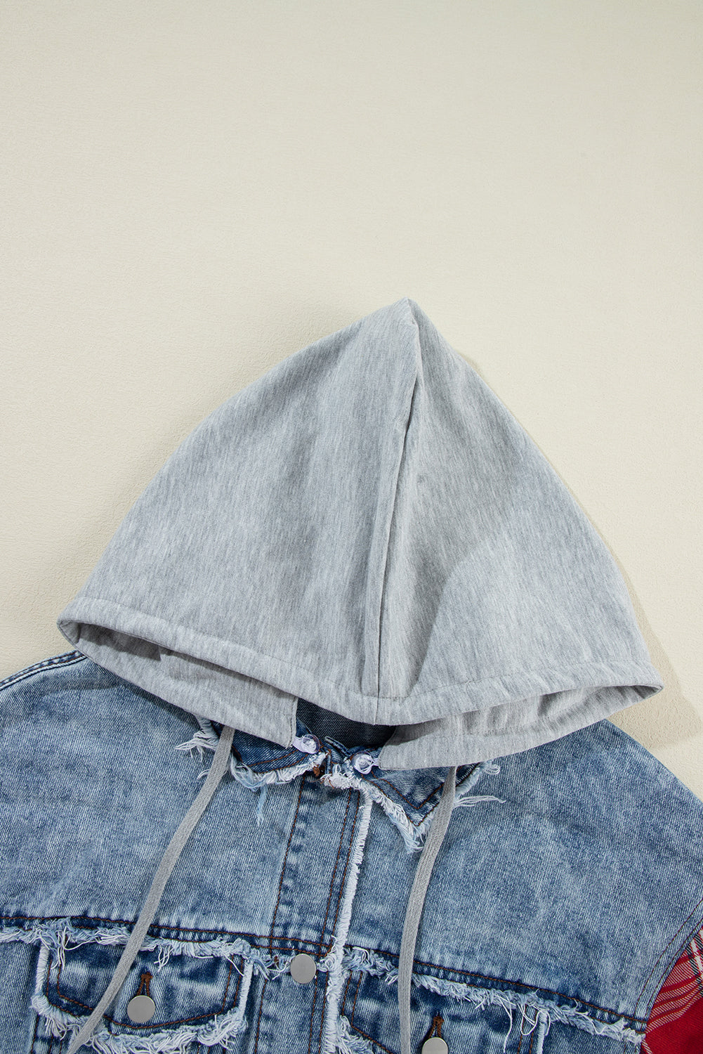 Beau Blue Plaid Print Patchwork Hooded Raw Hem Denim Jacket - Glimmer Road