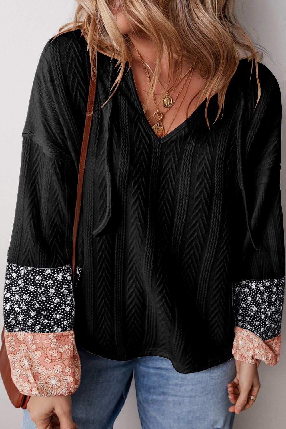Black Floral Patchwork Textured Knit Drawstring V Neck Blouse - Glimmer Road