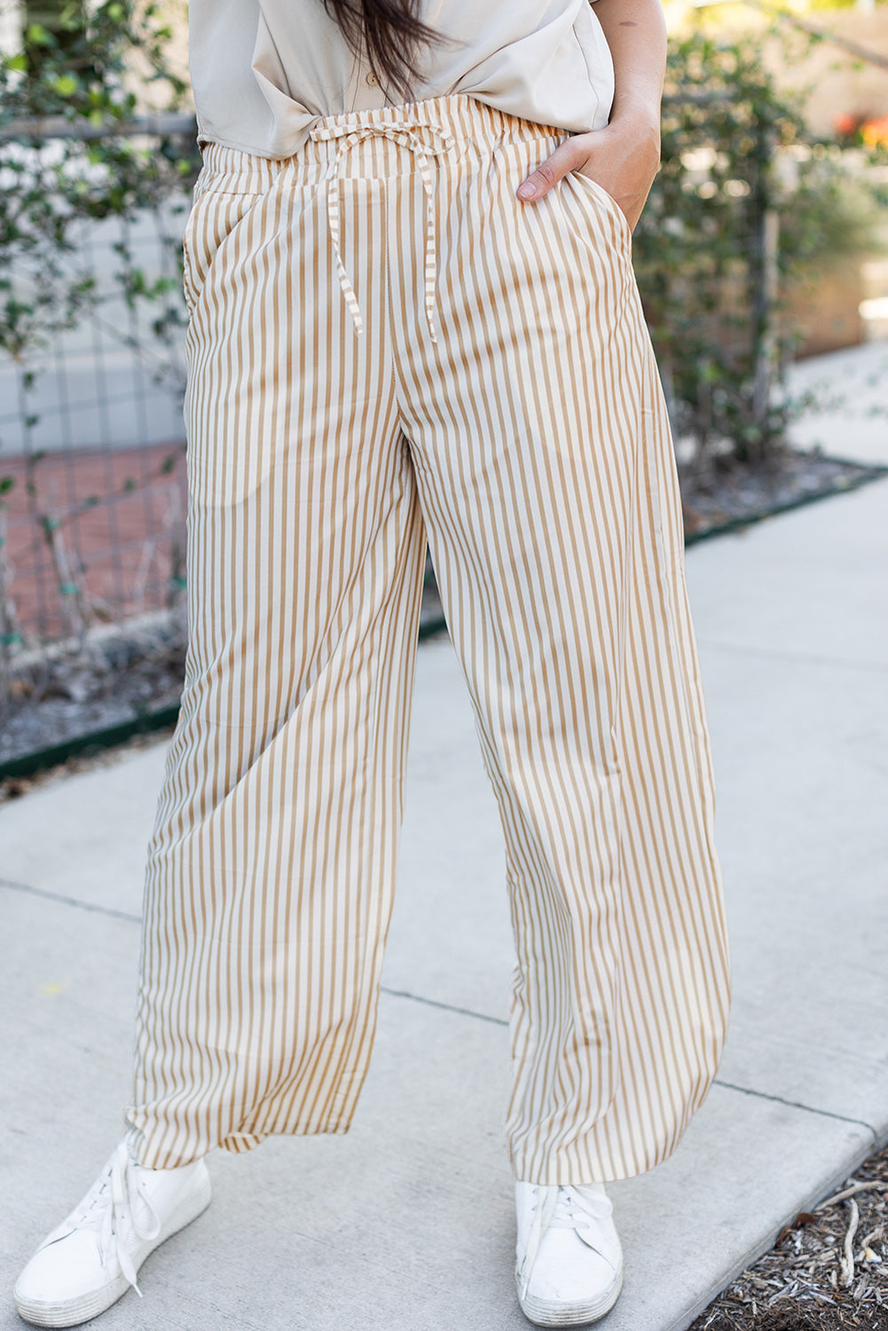 Khaki Stripe Print Wide Leg Drawstring Pants - Glimmer Road