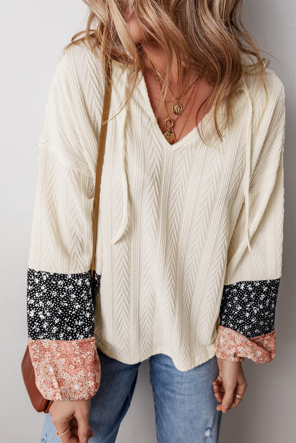 Black Floral Patchwork Textured Knit Drawstring V Neck Blouse - Glimmer Road