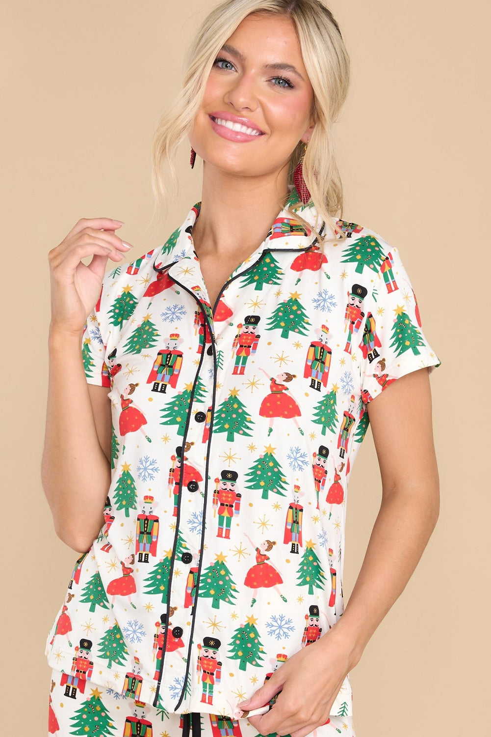 White Printed Christmas Pattern Buttoned Two Piece Sleepwear - Glimmer Road