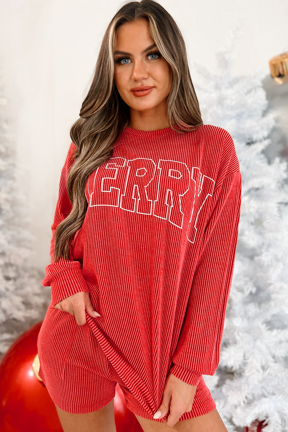 Racing Red Corded MERRY Graphic Long Sleeve Top and Shorts Set - Glimmer Road