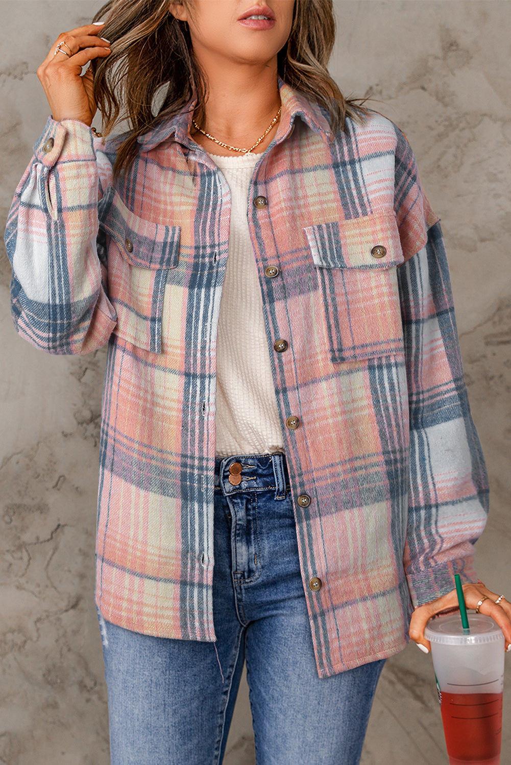Pink Black/Pink Plaid Flap Pockets Shacket - Glimmer Road