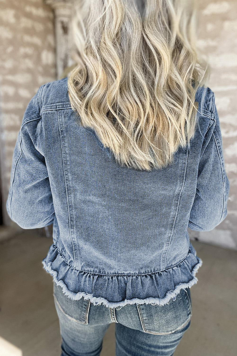 Beau Blue Ruffle Raw Hem Flap Pockets Denim Jacket - Glimmer Road