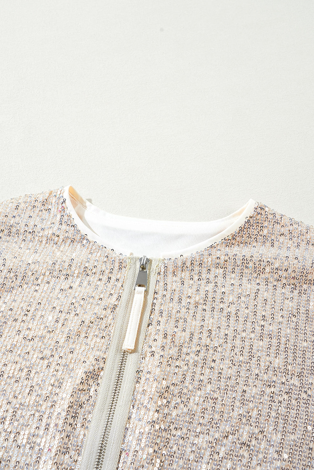 Apricot Sequin Zip up Round Neck Long Sleeve Jacket - Glimmer Road
