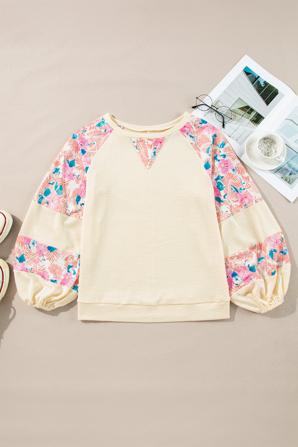 Apricot Textured Floral Patchwork Balloon Sleeve Blouse - Glimmer Road