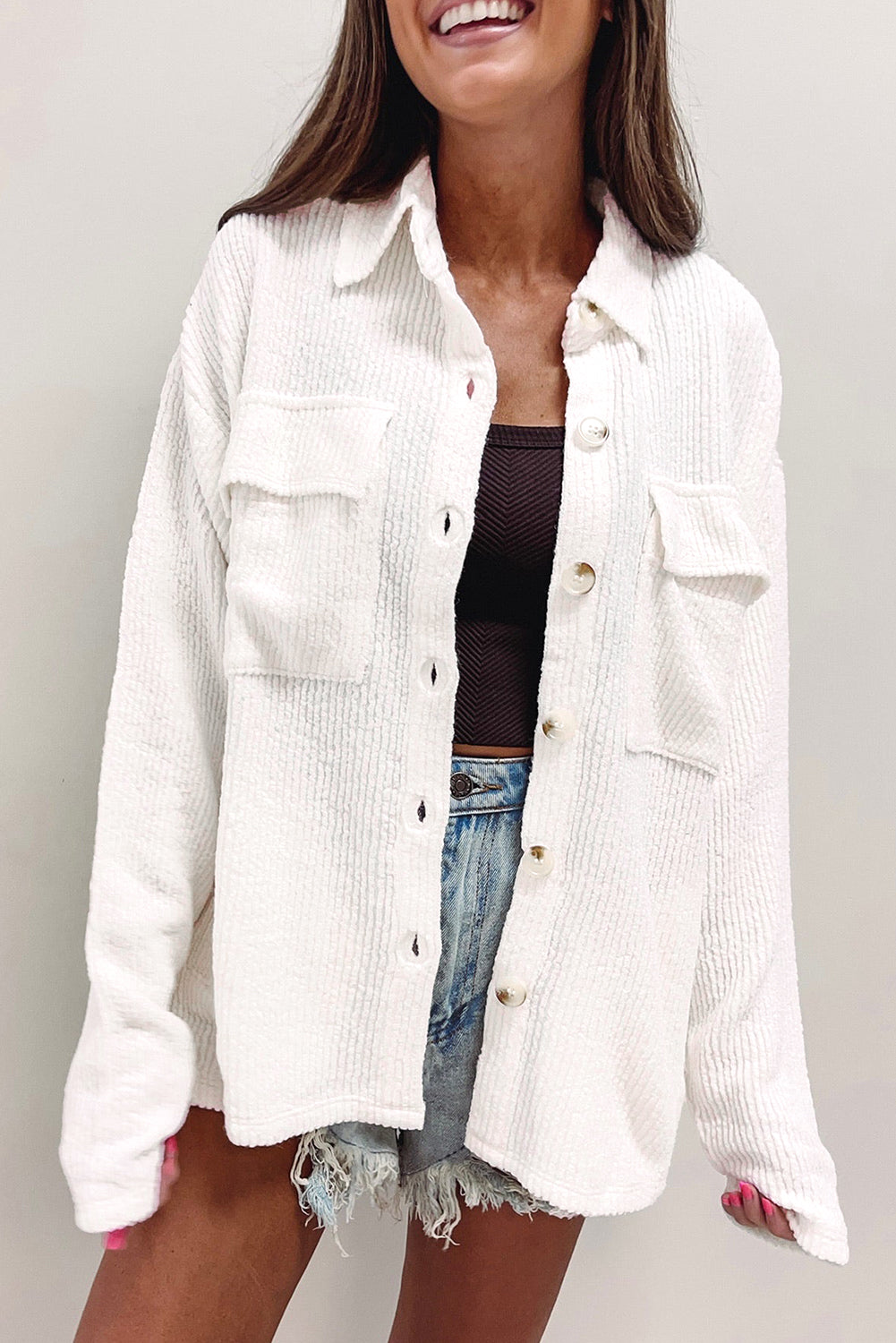 Dark Khaki Solid Color Corduroy Buttoned Long Sleeve Shacket - Glimmer Road