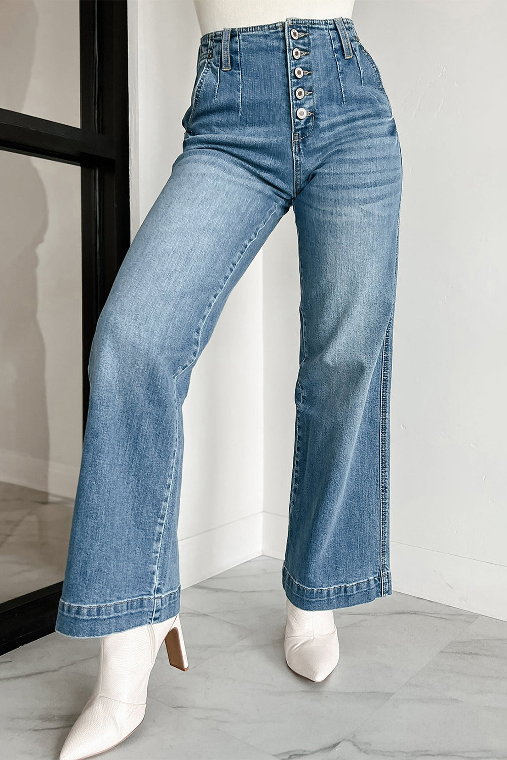 Dusk Blue Multi Buttons Medium Wash Straight Loose Leg Jeans - Glimmer Road