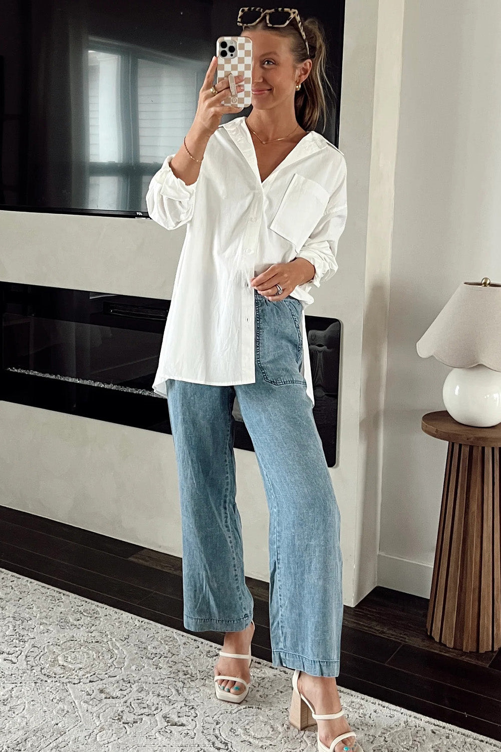 Myosotis Mineral Wash Drawstring Waist Loose Straight Denim Pants - Glimmer Road
