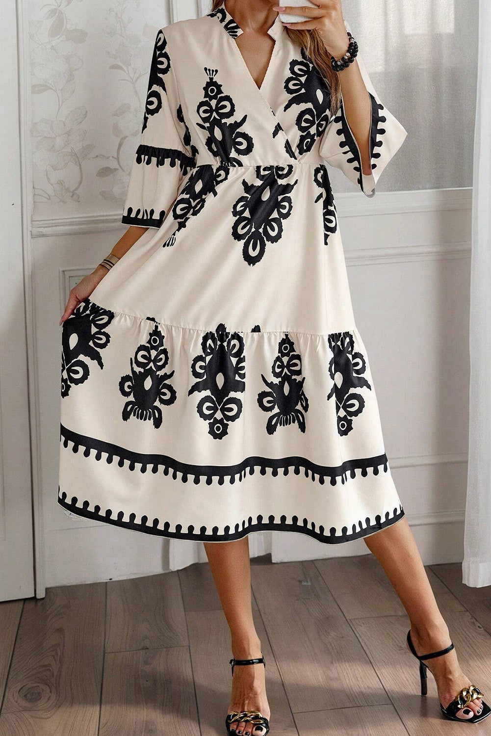Beige Western Geometric Print 3/4 Sleeve Loose Midi Dress - Glimmer Road