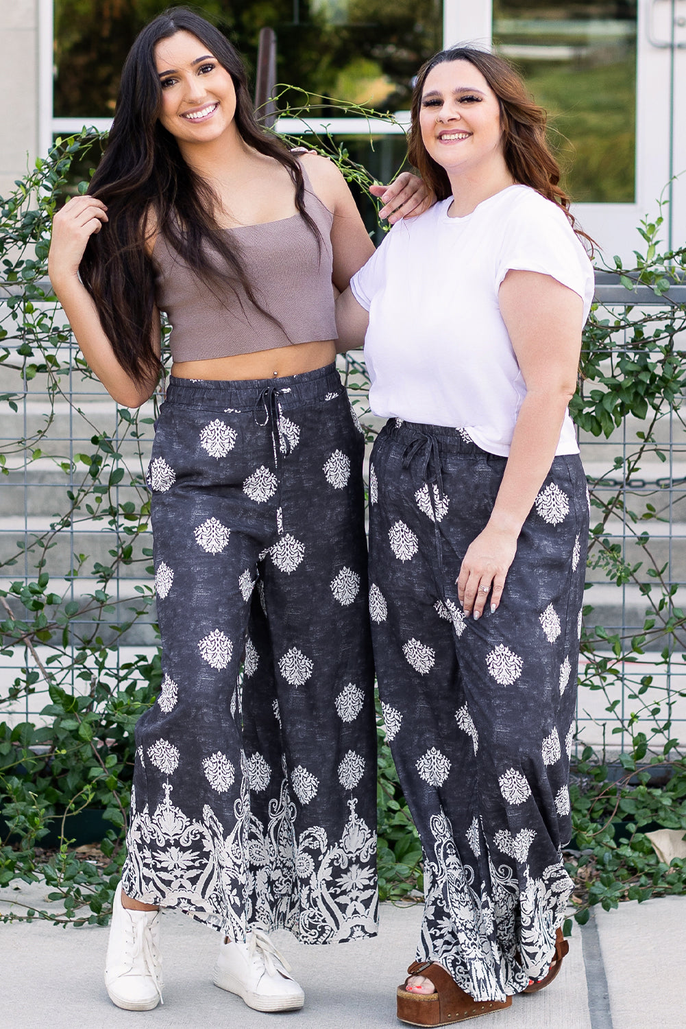Black Bohemian Printed Drawstring Waist Wide Leg Pants - Glimmer Road