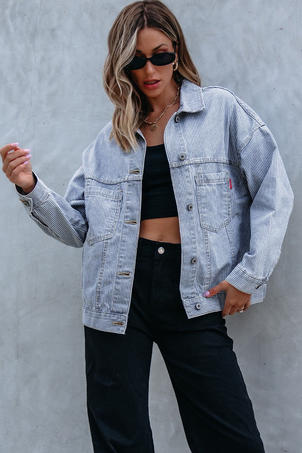 Sky Blue Stripe Washed Oversize Pocketed Denim Jacket - Glimmer Road