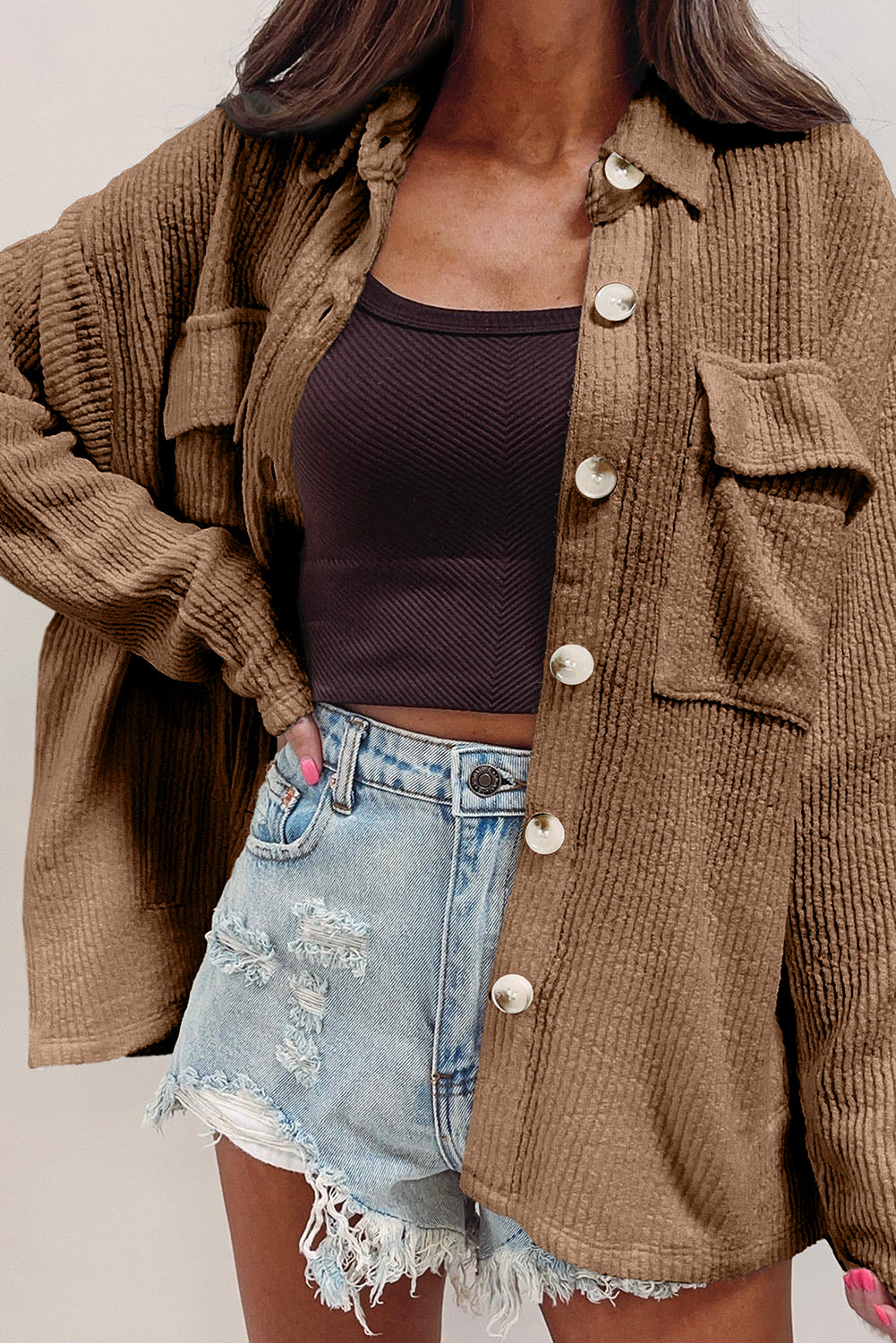 Dark Khaki Solid Color Corduroy Buttoned Long Sleeve Shacket - Glimmer Road