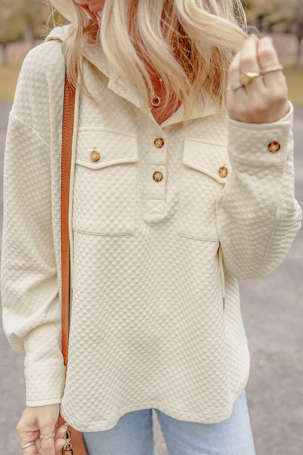 Apricot Textured Buttoned Neckline Side Pockets Hoodie - Glimmer Road