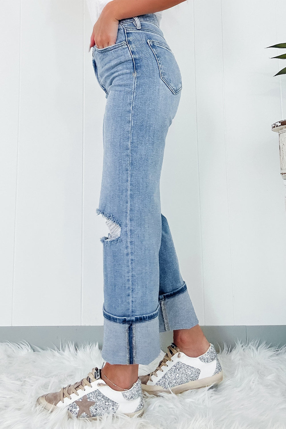 Dusk Blue High Rise Asymmetric Button Zip Fly Ripped Jeans - Glimmer Road