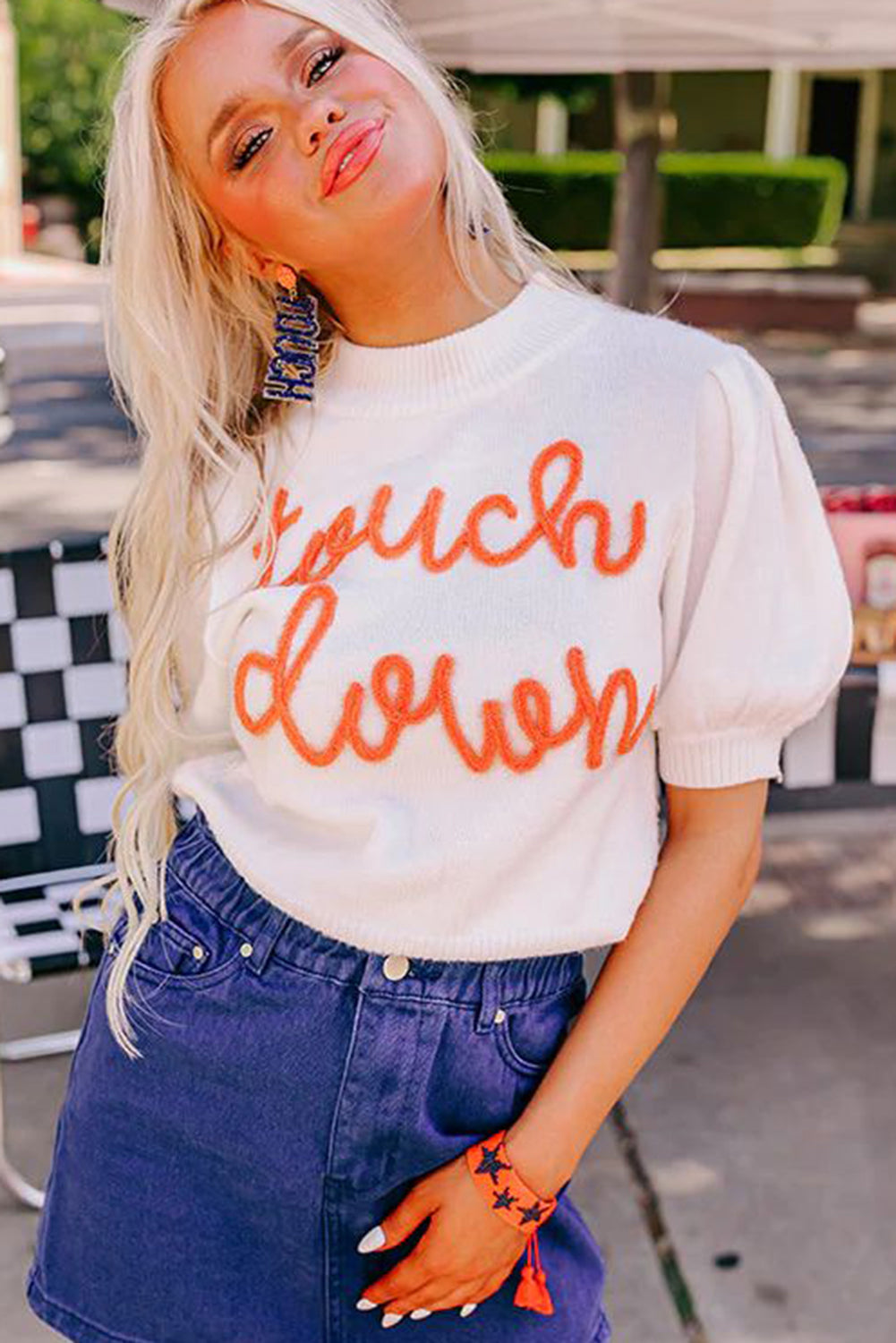 White Touchdown Tinsel Puff Short Sleeve Crew Neck Sweater - Glimmer Road