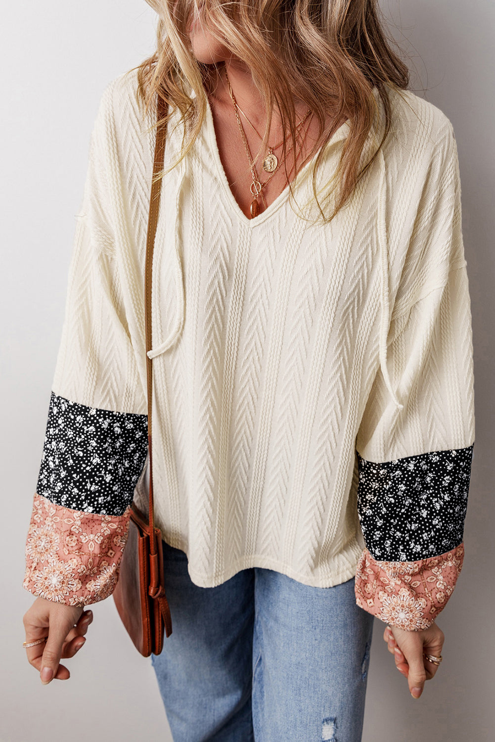 Black Floral Patchwork Textured Knit Drawstring V Neck Blouse - Glimmer Road