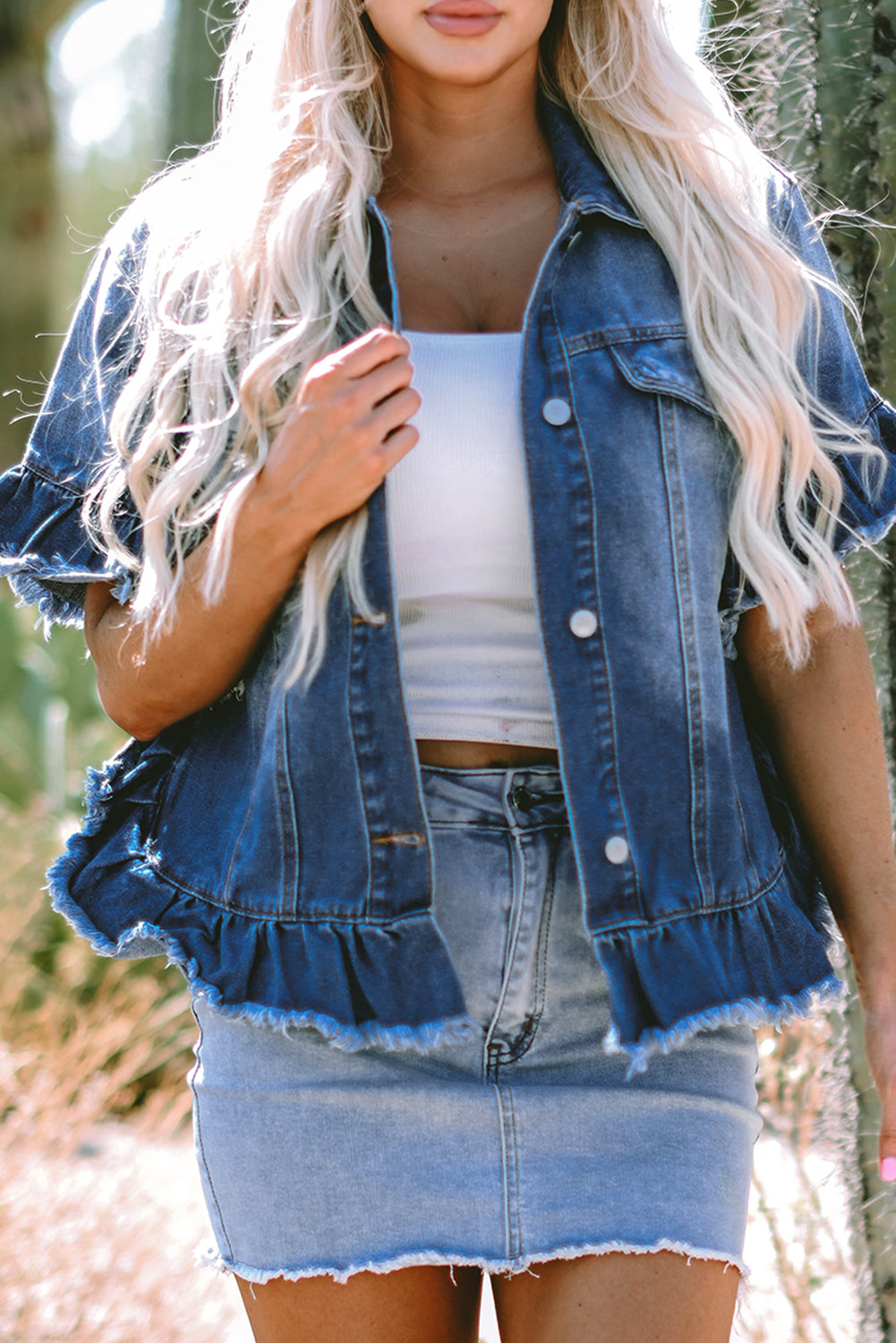Peacock Blue Raw Edge Ruffled Short Sleeve Denim Jacket - Glimmer Road