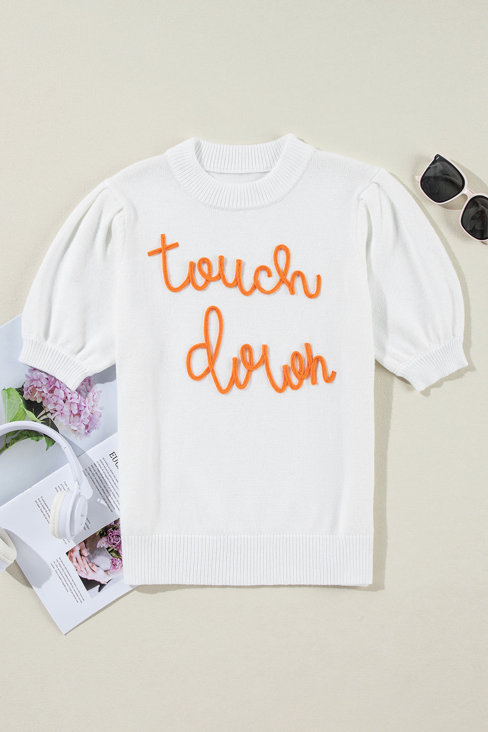 White Touchdown Tinsel Puff Short Sleeve Crew Neck Sweater - Glimmer Road