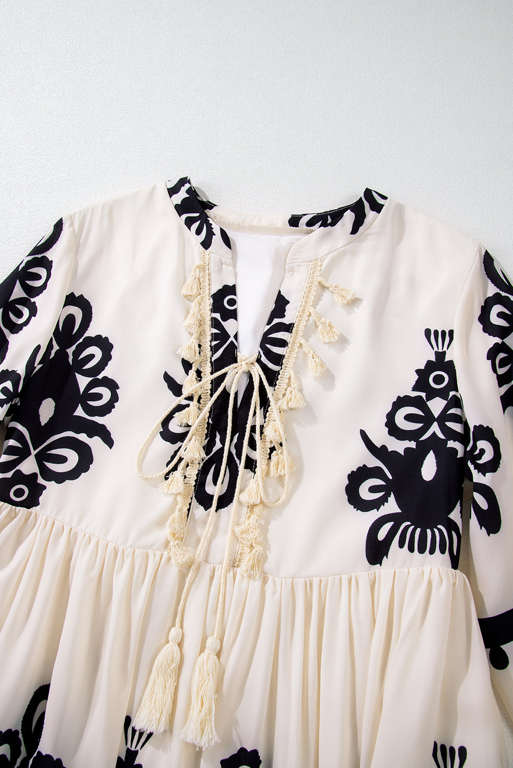Beige Western Pattern Print Tasseled Notch V Neck Mini Dress - Glimmer Road