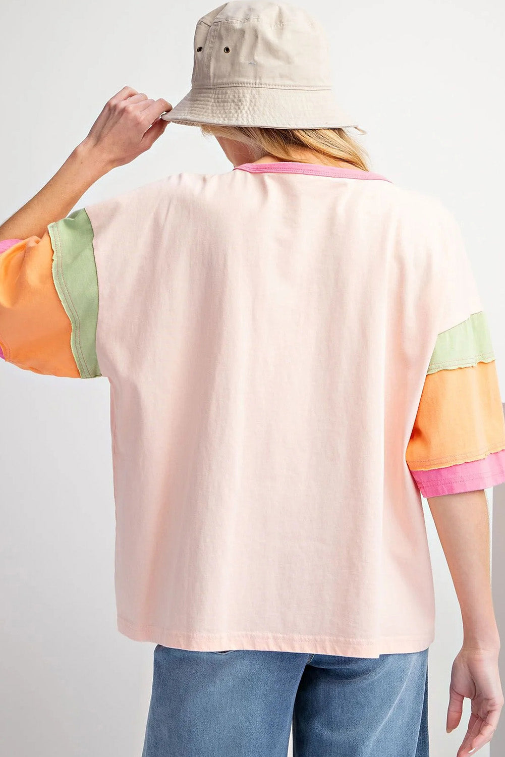 Pink Rugby Chenille Embroidered Color Block Half Sleeve T Shirt - Glimmer Road